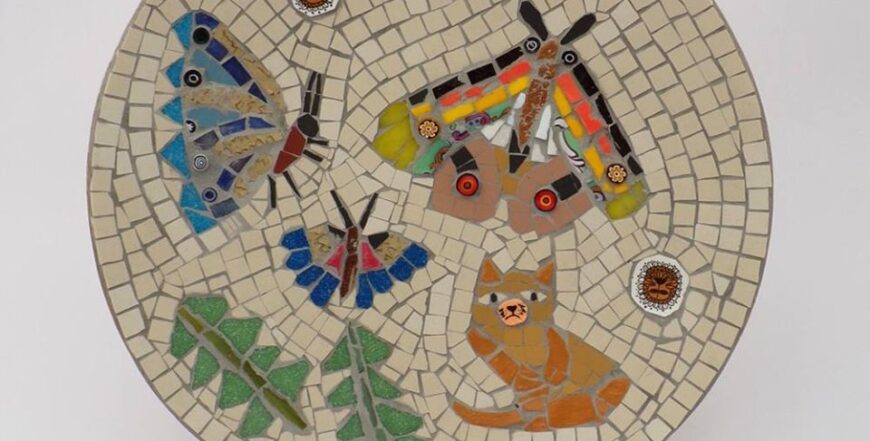 Cat and Butterfly Mosaic Bowl