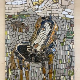 The kind horse - mosaic picture of a dartmoor pony in th emist