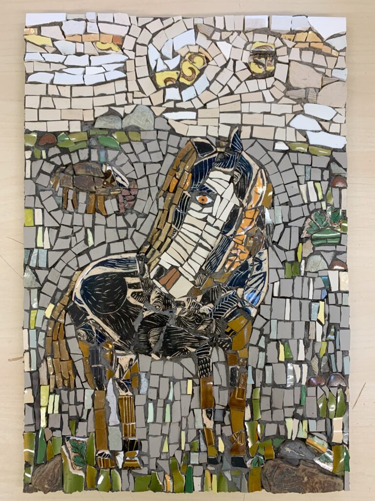 The kind horse - mosaic picture of a dartmoor pony in th emist