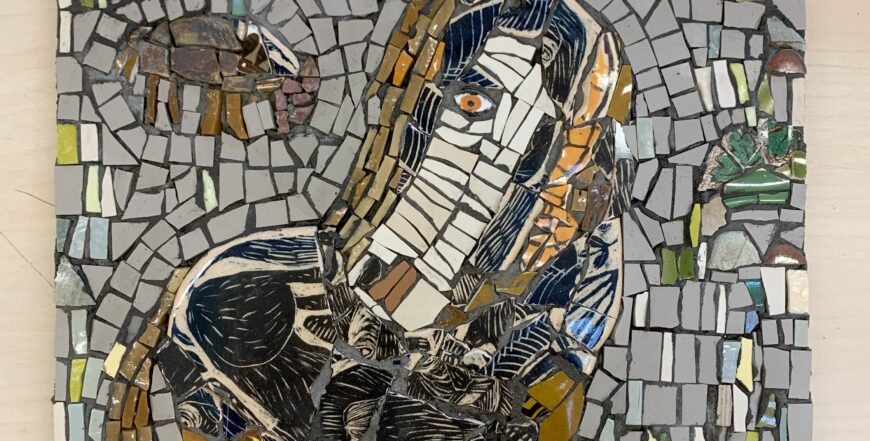 The kind horse - mosaic picture of a dartmoor pony in th emist